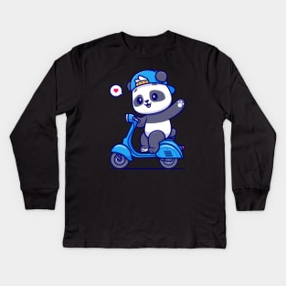 Cute Panda Waving Hand On Scooter Cartoon Kids Long Sleeve T-Shirt